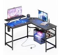 Mondeer Bureau Gaming LED en Forme L, 130 x 130 cm Bureau Angle d'Ordinateur avec Port de Charge USB et Prise de Courant Étagères Réglable, pour Bureau à Domicile Chambre à Coucher Petit Espace, Noir