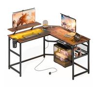 Mondeer Bureau en Forme de L avec LED, 130 x 130 cm Bureau d'angle Réversible avec Port de Charge USB et Prise de Courant Étagères Réglable, pour Chambre à Coucher, Marron Vintage