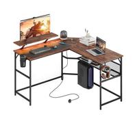 Mondeer Bureau Gaming en L avec Support d'Écran, Bureau d’Angle avec Prise USB, LED et Étagères, en Métal et Bois, Marron Rustique