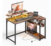 Mondeer Bureau Gaming LED en Forme L, 120 x 90 cm Bureau Angle d'Ordinateur Réversible avec Port de Charge USB et Prise de Courant Étagères, pour Bureau à Domicile Chambre à Coucher, Marron Vintage