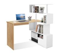 Mondeer Bureau Informatique, Bureau d‘Ordinateur avec Étagère Rangement à Quatre Niveaux, Table de Travail PC Table pour Salle d‘Etude, 157 x 45 x 130,5 cm, Chêne et Blanc