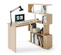 Mondeer Bureau Informatique, Bureau d‘Ordinateur avec Étagère Rangement à Quatre Niveaux, Table de Travail PC Table pour Bureau et Salle d‘Etude, 157 x 45 x 130,5 cm, Blanc et Grain de Bois