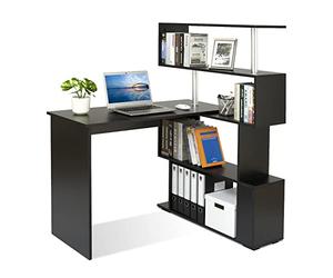 Mondeer Bureau Informatique, Bureau d‘Ordinateur avec Étagère Rangement à Quatre Niveaux, Table de Travail PC Table pour Salle d‘Etude, 157 x 45 x 130,5 cm, Noir