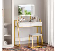 Mondeer Coiffeuse avec Miroir LED et Tabouret Rembourré, Luminosité Réglable, Table de Maquillage avec 2 Grands Tiroirs et Étagères de Rangement, Cadre en Métal, pour Chambre à Coucher, Blanc et Or