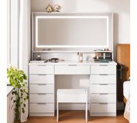 Mondeer Coiffeuse avec LED Miroir et Tabouret, 11 Tiroirs, Plateau en Verre