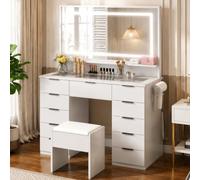 Mondeer Coiffeuse avec LED Miroir et Tabouret, 11 Tiroirs, Plateau en Verre | Miroir LED à luminosité réglable, prise intégrée, pour organiser maquillage et accessoires