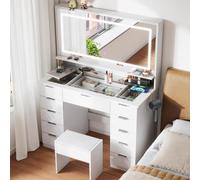 Mondeer Coiffeuse avec Miroir et Tabouret, LED Maquillage Luminosité Réglable avec Plateau en Verre et 11 Tiroirs, Coiffeuse Moderne avec Prise, pour Chambre à Coucher, Blanc