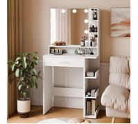Mondeer Coiffeuse avec Miroir LED 3 Modes Lumières Réglables,SANS TABOURET,7 Étagères et 1 Tiroir,Meuble Chambre 67x36x138 cm,Blanc