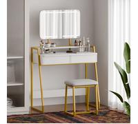 Mondeer Coiffeuse avec Miroir LED et Tabouret Rembourré, Luminosité Réglable, Structure Métal Renforcé, Design Scandi, Blanc et Or