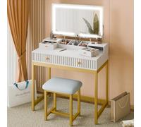 Mondeer Coiffeuse avec Miroir LED et Tabouret, Table de Maquillage avec 2 Tiroirs 2 Boîtes à Bijoux et 3 Étagères de Rangement Luminosité Réglable Cadre en Métal, Style Moderne, pour Chambre à Coucher