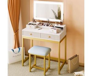 Mondeer Coiffeuse avec Miroir LED et Tabouret, Table de Maquillage avec 2 Tiroirs 2 Boîtes à Bijoux et 3 Étagères de Rangement Luminosité Réglable Cadre en Métal, Style Moderne, pour Chambre à Coucher