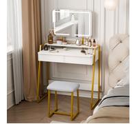 Mondeer Coiffeuse LED avec Miroir et Tabouret,Luminosité et Hauteur Réglables,2 Grands Tiroirs+Étagères,Structure Métal,Blanc&Doré