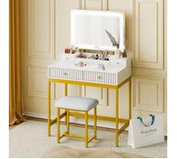 Mondeer Coiffeuse LED avec Miroir et Tabouret,Luminosité et Hauteur Réglables,4 Tiroirs et 3 Compartiments de Rangement,Blanc&Doré