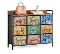 Mondeer Commode à 9 Tiroirs en Tissu, Meuble de Rangement avec Motif de Fleur Vintage et Cadre en Métal, pour Chambre Entrée Salon, Marron Rustique