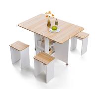 Mondeer Ensemble de 5 tables de salle à manger Table de salle à manger avec tabourets de rangement Coussins moelleux Groupe de sièges blanc+chêne rouge