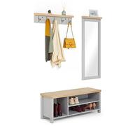 Mondeer Ensemble de Meubles de Couloir, Ensemble de Banc à Chaussures Miroir Mural et Porte-Manteaux avec 5 Crochets, Style Minimaliste en Bois, pour Entrée Couloir Vestibule, Gris