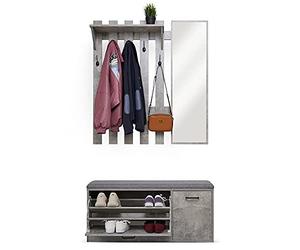 Mondeer Ensemble de Meubles d'Entrée, Porte Manteau avec Miroir et Banc à Chaussures Style Industriel pour Entrée Couloir, 100 x 30 x 180 cm (Gris)