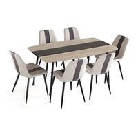 Mondeer Ensemble de Table à Manger, 1 Table et 6 Chaises Moderne Rembourrées avec des Jambes en Métal pour Salle à Manger Cuisine Salon, W150 x H76,5 x D85 cm, Chêne