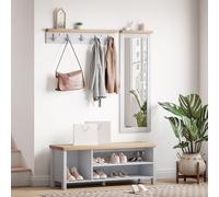Mondeer Ensemble de vestiaires Banc de chaussures Miroir mural et portemanteau avec 5 crochets Ensemble en bois Style moderne Gris