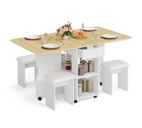 Mondeer Ensemble Table à Manger avec 4 Chaises, Ensemble Table à Manger Pliable avec 2 Tiroirs et 2 Etagères de Rangement, pour Petits Espaces, 140 x 75 x 80 cm (Bois Naturel)