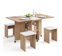 Mondeer Ensemble Table à Manger avec 4 Chaises, Ensemble Table à Manger Pliable avec Chaises pour Petits Espaces avec Etagères de Rangement, pour Salle à Manger Cuisine, Bois Naturel