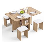 Mondeer Ensemble Table à Manger avec 4 Chaises, Ensemble Table à Manger Pliable avec Chaises pour Petits Espaces avec Etagères de Rangement, pour Salle à Manger Cuisine, Bois Naturel