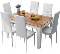 Mondeer Ensemble Table à Manger avec 6 Chaises, Ensemble de Salle à Manger avec Chaises à Dossier Haut en Similicuir pour Cuisine, Salle à Manger, Salon, 138 x 90 x 75 cm, Blanc et Chêne