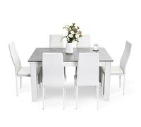 Mondeer Ensemble Table à Manger avec 6 Chaises, Ensemble de Salle à Manger avec Chaises à Dossier Haut en Similicuir pour Cuisine, Salle à Manger, Salon, 138 x 90 x 75 cm, Blanc et Gris
