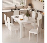 Mondeer Ensemble Table à Manger avec 6 Chaises, Ensemble de Salle à Manger avec Chaises à Dossier Haut en Similicuir pour Cuisine, Salle à Manger, Salon, 138 x 90 x 75 cm, Blanc