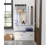 Mondeer Ensemble vestiaire Banc à chaussures Miroir mural et 5 cintres Style moderne Blanc