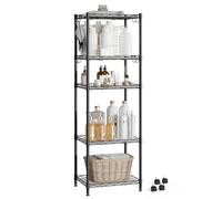Mondeer Étagère de Rangement, Étagère de Cuisine en Métal, 5 Niveaux, 8 Crochets et de 4 roulettes, avec Séparateurs en PP, Hauteur Ajustable, pour Cuisine Salle de Bain Salon la Terrasse, Noir