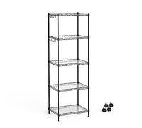 Mondeer Étagère de Rangement, Étagère de Cuisine en Métal, 5 Niveaux, 8 Crochets et de 4 roulettes, avec Séparateurs en PP, Hauteur Ajustable, pour Cuisine Salle de Bain Salon la Terrasse, Noir