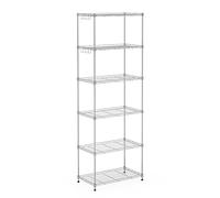 Mondeer Étagère de Rangement, Étagère de Cuisine en Métal, 6 Niveaux, Équipée de 8 Crochets, Hauteur Ajustable, pour Cuisine, Salle de Bain, Salon, la Terrasse, Argent