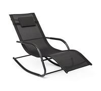 Mondeer Fauteuil à Bascule de Jardin Chaise Longue Bain de Soleil Chaise en Aluminium Chaise Longue avec Appuie Tête et Poche latérale pour Jardin et Piscine, Coussin Charge Max: 160 kg Noir
