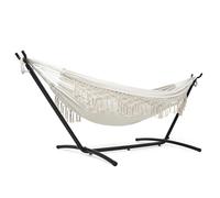 Mondeer Hamac bohème pour 2 Personnes avec Support,Réglable en Hauteur, hamac Double avec Franges et Cadre métallique, idéal pour terrasse, Jardin et Balcon,Beige