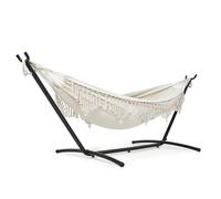 Mondeer Hamac Double avec Support, Bohème hamac sur Pied Portable avec Cadre Robuste Réglable, Adapté Terrasses Extérieures, Patios Jardins, Charge Maximale 200kg, Beige