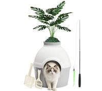 Mondeer Litière pour Chat avec Plante Artificielle, enclos, bac à litière caché avec Filtre à odeurs, Niche pour Salon, Chambre à Coucher, Coin Inclus, 2 cuillères et Jouet, Gris