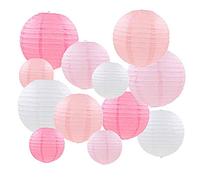 Mondeer Lot de 12 lanternes rondes en papier Rose chinois à suspendre avec différentes tailles pour mariage, anniversaire, fête prénatale, décoration de fête de mariage, fête d’anniversaire