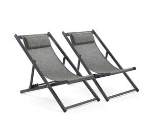 Mondeer Lot de 2 Chaise Longue Pliable, Coton Bains de Soleil, Gris et Noir | Réglage à 5 Positions,Fauteuil Relax,Intérieur,Extérieur,Balcon,Terrasse,Piscine,Plage,Camping,Capacité de Charge 130 kg