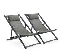 Mondeer Lot de 2 chaises longues pliantes, chilienne, transat bain de soleil, Balcon Terrasse, 5 pos réglables,58x104x95cm,Gris&Noir