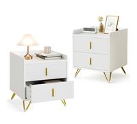 Mondeer Lot de 2 Table de Chevet, Table de Nuit avec 2 Tiroirs, Chevet de Lit avec Rangement pour Chambre, Salon, 50 x 40 x 50 cm, Blanc et Doré