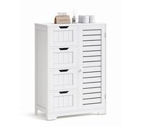 Mondeer Meuble de Salle de Bain, Armoire de Rangement avec 4 Tiroirs et 1 Persienne Porte Etagère Réglable, pour Salle de Bain Cuisine Salon, 56 x 30 x 82 cm, Blanc