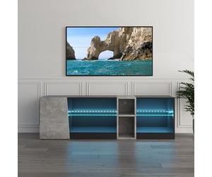 Mondeer Meuble TV, Support Télé LED avec 5 Compartiments et 1 Porte, pour TV de 55 Pouces, pour Salon Chambre à Coucher, W140 x H45 x D37,5 cm, Noir et Gris