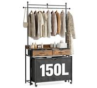 Mondeer Panier à Linge avec Porte-Manteau, 150L Chariot à Linge avec Extensible Tissu Oxford, pour Buanderie Salle de Bain, 129 x 33 x 199 cm, Marron Rustique et Noir