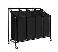 Mondeer Panier à linge 4 compartiments - Panier à linge avec 4 poches en tissu amovibles - Panier à linge sur roulettes - 4 x 35 l - Noir