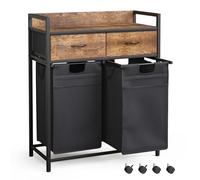 Mondeer Panier à Linge avec 2 Tiroirs, Chariot à Linge à 2 Compartiments, 2 x 50L Corbeille à Linge Amovibles, pour Buanderie Salle de Bain, 72 x 33 x 91,5 cm, Marron Rustique et Noir