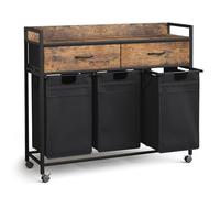 Mondeer Panier à Linge avec 2 Tiroirs, Chariot à Linge à 3 Compartiments, 3 x 50L Corbeille à Linge Amovibles, pour Buanderie Salle de Bain, 106 x 33 x 91,5 cm, Marron Rustique et Noir