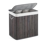 Mondeer Panier à Linge avec Couvercle,150 L, en Bambou,Gris | Corbeille à Linge avec 3 Compartiments,Pliable,avec Poignées,Sac Amovible Lavable en Machine,Buanderie, Chambre