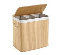 Mondeer Panier à Linge 150L avec Couvercle, 3 Compartiments，Corbeille en Bambou Naturel Boîte de Rangement à Linge Pliable avec Couvercle Amovible pour Buanderie, Chambre, 61.5 x 40 x 60 cm
