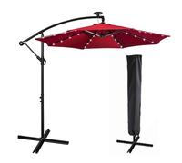 Mondeer Parasol Déporté avec Manivelle, avec 32 LED Lampe Solaire, Ø 300 cm x H 245 cm, 8 Baleines en Acier Étanche Protection UV 50+ pour Balcon Plage Jardin, 6 Niveaux Solidité des Couleurs (Rouge)